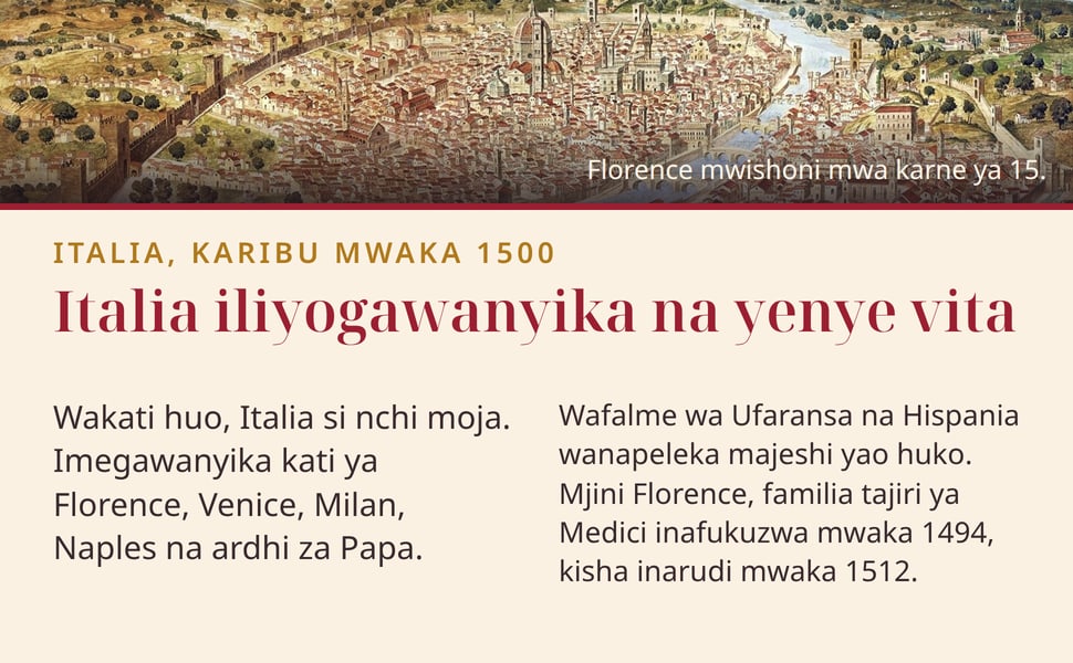 Italia iliyogawanyika na yenye vita. Wakati huo, Italia si nchi moja. Imegawanyika kati ya Florence, Venice, Milan, Naples na ardhi za Papa.