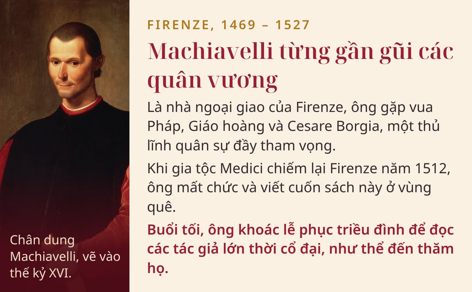 Machiavelli từng gần gũi các quân vương. Là nhà ngoại giao của Firenze, ông gặp vua Pháp, Giáo hoàng và Cesare Borgia, một thủ lĩnh quân sự đầy tham vọng.