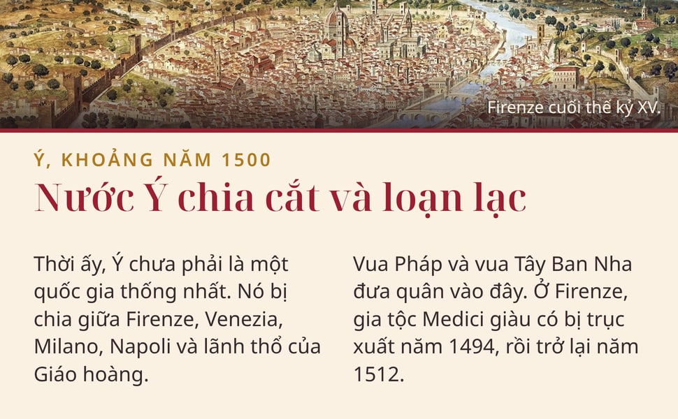 Nước Ý chia cắt và loạn lạc. Thời ấy, Ý chưa phải là một quốc gia thống nhất. Nó bị chia giữa Firenze, Venezia, Milano, Napoli và lãnh thổ của Giáo hoàng.