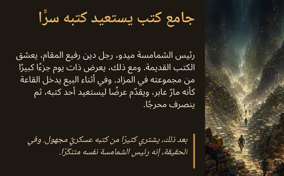 جامع كتب يستعيد كتبه سرًّا. رئيس الشمامسة ميدو، رجل دين رفيع المقام، يعشق الكتب القديمة. ومع ذلك، يعرض ذات يوم جزءًا كبيرًا من مجموعته في المزاد. وفي أثناء البيع يدخل القاعة كأنه مارّ عابر، ويقدّم عرضًا ليستعيد أحد…