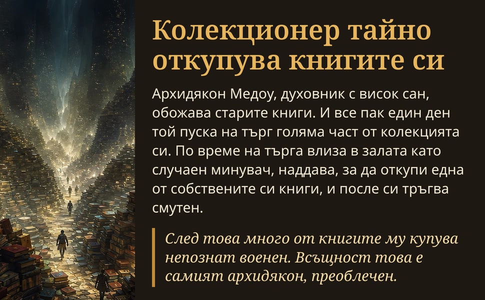 Колекционер тайно откупува книгите си. Архидякон Медоу, духовник с висок сан, обожава старите книги. И все пак един ден той пуска на търг голяма част от колекцията си. По време на търга влиза в залата като случаен…
