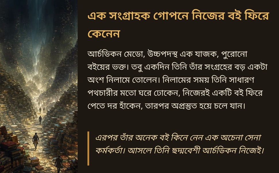 এক সংগ্রাহক গোপনে নিজের বই ফিরে কেনেন. আর্চডিকন মেডো, উচ্চপদস্থ এক যাজক, পুরোনো বইয়ের ভক্ত। তবু একদিন তিনি তাঁর সংগ্রহের বড় একটা অংশ নিলামে তোলেন। নিলামের সময় তিনি সাধারণ পথচারীর মতো ঘরে ঢোকেন, নিজেরই একটি বই ফিরে…