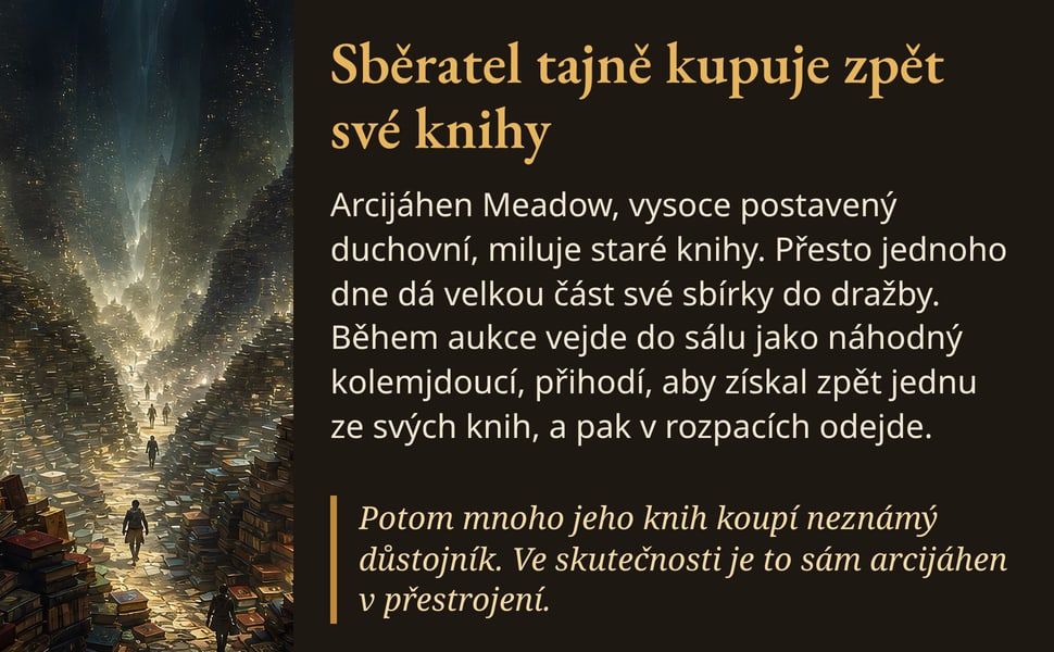Sběratel tajně kupuje zpět své knihy. Arcijáhen Meadow, vysoce postavený duchovní, miluje staré knihy. Přesto jednoho dne dá velkou část své sbírky do dražby. Během aukce vejde do sálu jako náhodný kolemjdoucí…