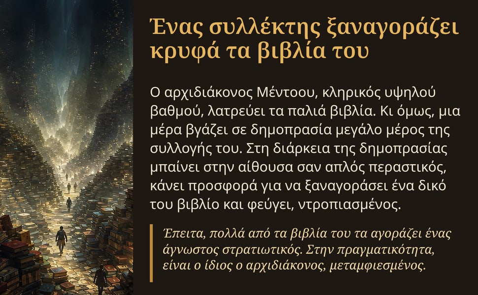 Ένας συλλέκτης ξαναγοράζει κρυφά τα βιβλία του. Ο αρχιδιάκονος Μέντοου, κληρικός υψηλού βαθμού, λατρεύει τα παλιά βιβλία. Κι όμως, μια μέρα βγάζει σε δημοπρασία μεγάλο μέρος της συλλογής του. Στη διάρκεια της…