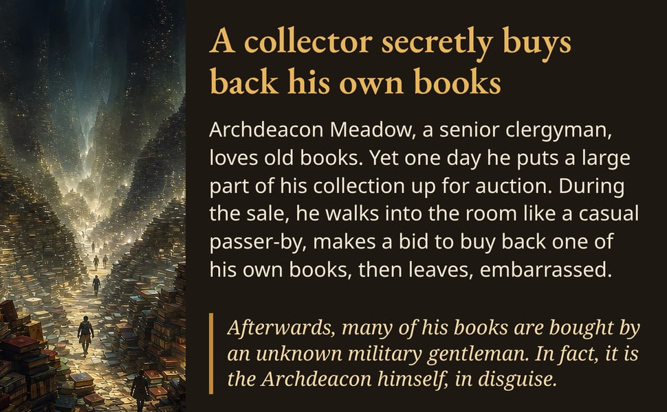 A collector secretly buys back his own books. Archdeacon Meadow, a senior clergyman, loves old books. Yet one day he puts a large part of his collection up for auction. During the sale, he walks into the room like a…