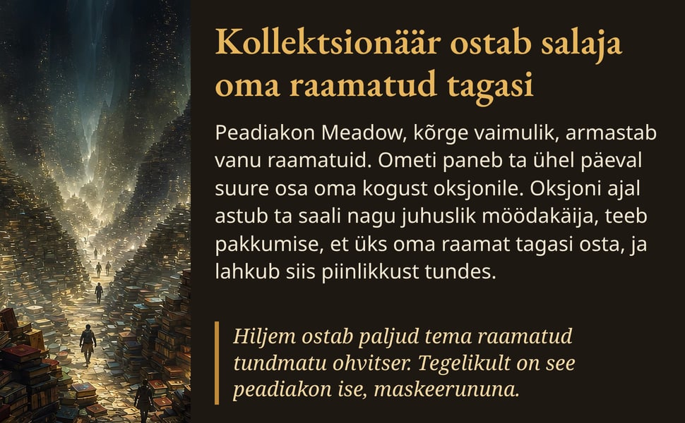 Kollektsionäär ostab salaja oma raamatud tagasi. Peadiakon Meadow, kõrge vaimulik, armastab vanu raamatuid. Ometi paneb ta ühel päeval suure osa oma kogust oksjonile. Oksjoni ajal astub ta saali nagu juhuslik…