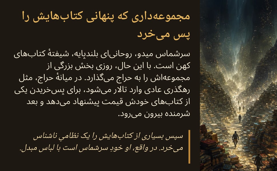 مجموعهداری که پنهانی کتابهایش را پس میخرد. سرشماس میدو، روحانیای بلندپایه، شیفتهٔ کتابهای کهن است. با این حال، روزی بخش بزرگی از مجموعهاش را به حراج میگذارد. در میانهٔ حراج، مثل رهگذری عادی وارد تالار میشود،…