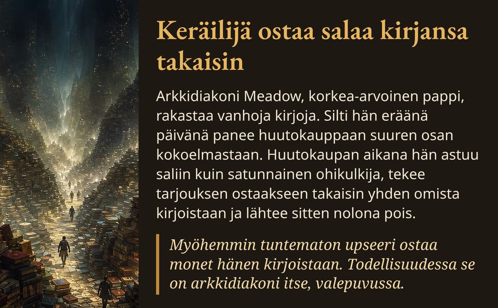 Keräilijä ostaa salaa kirjansa takaisin. Arkkidiakoni Meadow, korkea-arvoinen pappi, rakastaa vanhoja kirjoja. Silti hän eräänä päivänä panee huutokauppaan suuren osan kokoelmastaan. Huutokaupan aikana hän astuu saliin…