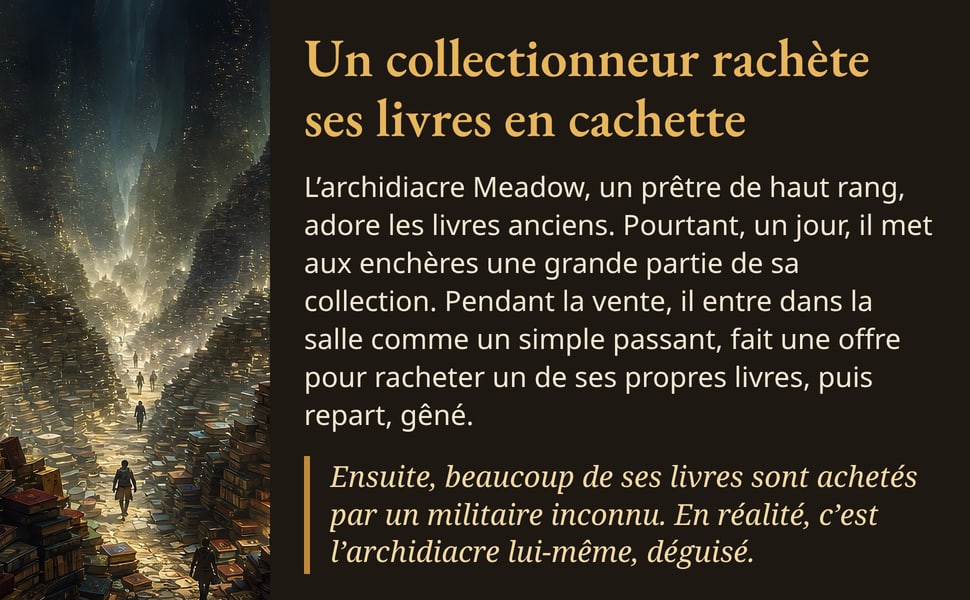 Un collectionneur rachète ses livres en cachette. L’archidiacre Meadow, un prêtre de haut rang, adore les livres anciens. Pourtant, un jour, il met aux enchères une grande partie de sa collection. Pendant la vente, il entre dans la salle comme un simple passant, fait une offre pour racheter un de ses propres livres, puis repart, gêné. Ensuite, beaucoup de ses livres sont achetés par un militaire inconnu. En réalité, c’est l’archidiacre lui-même, déguisé. Image : notre illustration, où des promeneurs marchent entre des montagnes de livres.