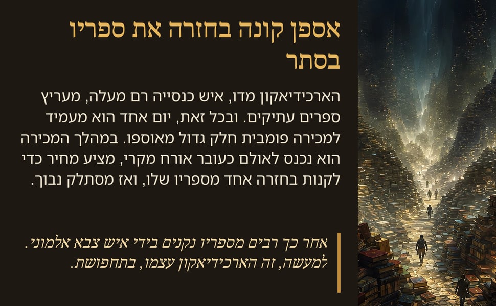 אספן קונה בחזרה את ספריו בסתר. הארכידיאקון מדו, איש כנסייה רם מעלה, מעריץ ספרים עתיקים. ובכל זאת, יום אחד הוא מעמיד למכירה פומבית חלק גדול מאוספו. במהלך המכירה הוא נכנס לאולם כעובר אורח מקרי, מציע מחיר כדי לקנות בחזרה…