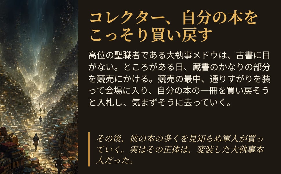 コレクター、自分の本をこっそり買い戻す。高位の聖職者である大執事メドウは、古書に目がない。ところがある日、蔵書のかなりの部分を競売にかける。競売の最中、通りすがりを装って会場に入り、自分の本の一冊を買い戻そうと入札し、気まずそうに去っていく。