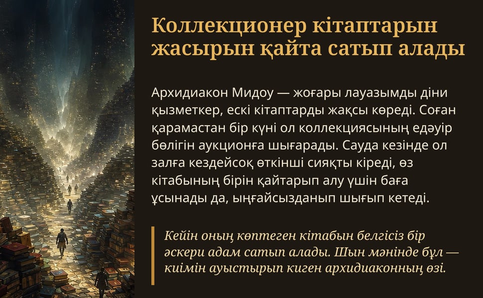 Коллекционер кітаптарын жасырын қайта сатып алады. Архидиакон Мидоу — жоғары лауазымды діни қызметкер, ескі кітаптарды жақсы көреді. Соған қарамастан бір күні ол коллекциясының едәуір бөлігін аукционға шығарады. Сауда…
