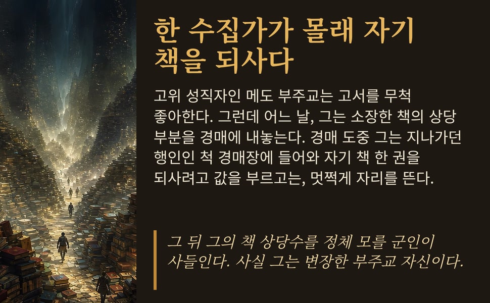 한 수집가가 몰래 자기 책을 되사다. 고위 성직자인 메도 부주교는 고서를 무척 좋아한다. 그런데 어느 날, 그는 소장한 책의 상당 부분을 경매에 내놓는다. 경매 도중 그는 지나가던 행인인 척 경매장에 들어와 자기 책 한 권을 되사려고 값을 부르고는, 멋쩍게 자리를 뜬다.
