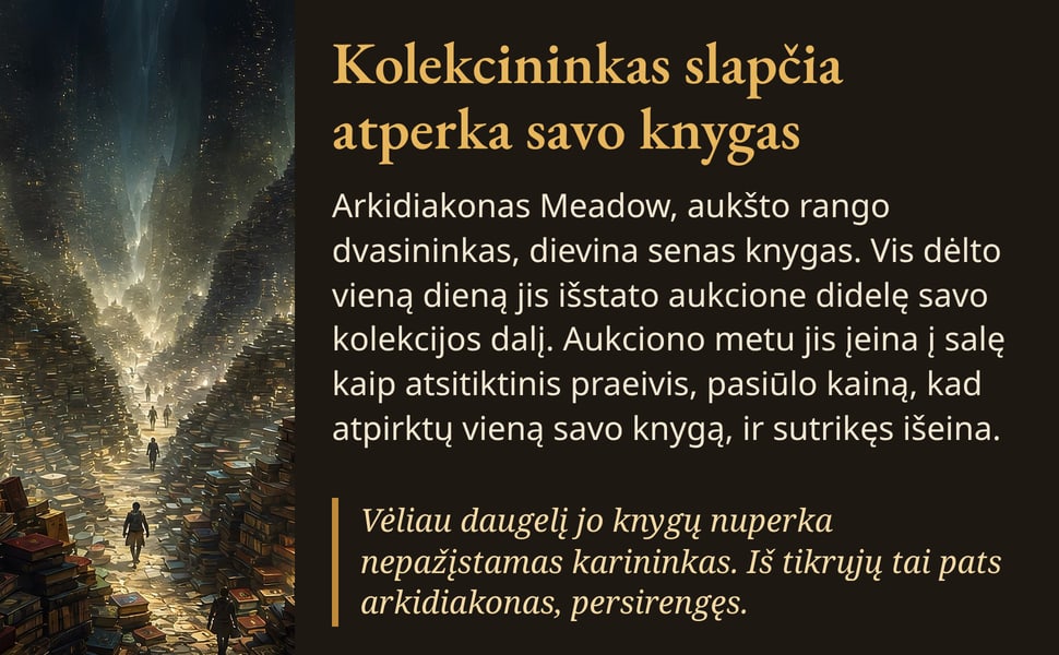Kolekcininkas slapčia atperka savo knygas. Arkidiakonas Meadow, aukšto rango dvasininkas, dievina senas knygas. Vis dėlto vieną dieną jis išstato aukcione didelę savo kolekcijos dalį. Aukciono metu jis įeina į salę…