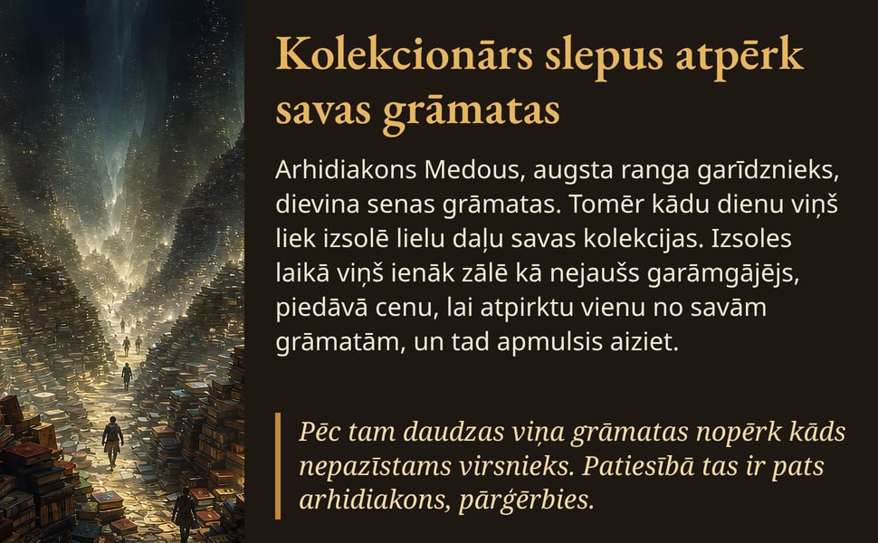 Kolekcionārs slepus atpērk savas grāmatas. Arhidiakons Medous, augsta ranga garīdznieks, dievina senas grāmatas. Tomēr kādu dienu viņš liek izsolē lielu daļu savas kolekcijas. Izsoles laikā viņš ienāk zālē kā nejaušs…