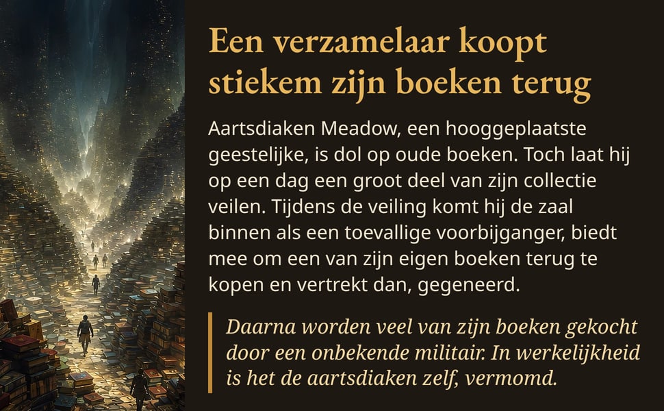 Een verzamelaar koopt stiekem zijn boeken terug. Aartsdiaken Meadow, een hooggeplaatste geestelijke, is dol op oude boeken. Toch laat hij op een dag een groot deel van zijn collectie veilen. Tijdens de veiling komt hij…