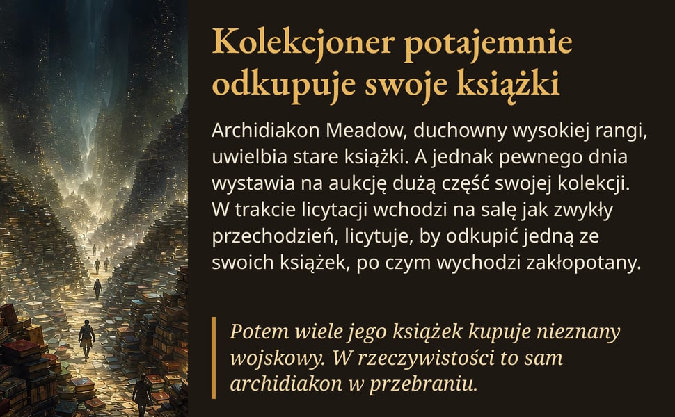 Kolekcjoner potajemnie odkupuje swoje książki. Archidiakon Meadow, duchowny wysokiej rangi, uwielbia stare książki. A jednak pewnego dnia wystawia na aukcję dużą część swojej kolekcji. W trakcie licytacji wchodzi na…