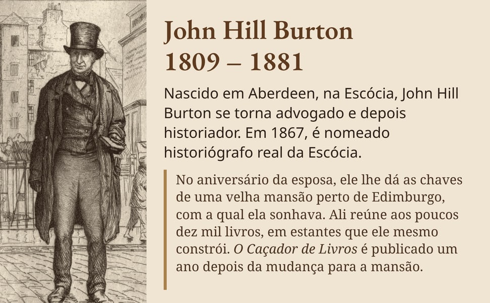 John Hill Burton 1809 – 1881. Nascido em Aberdeen, na Escócia, John Hill Burton se torna advogado e depois historiador. Em 1867, é nomeado historiógrafo real da Escócia.