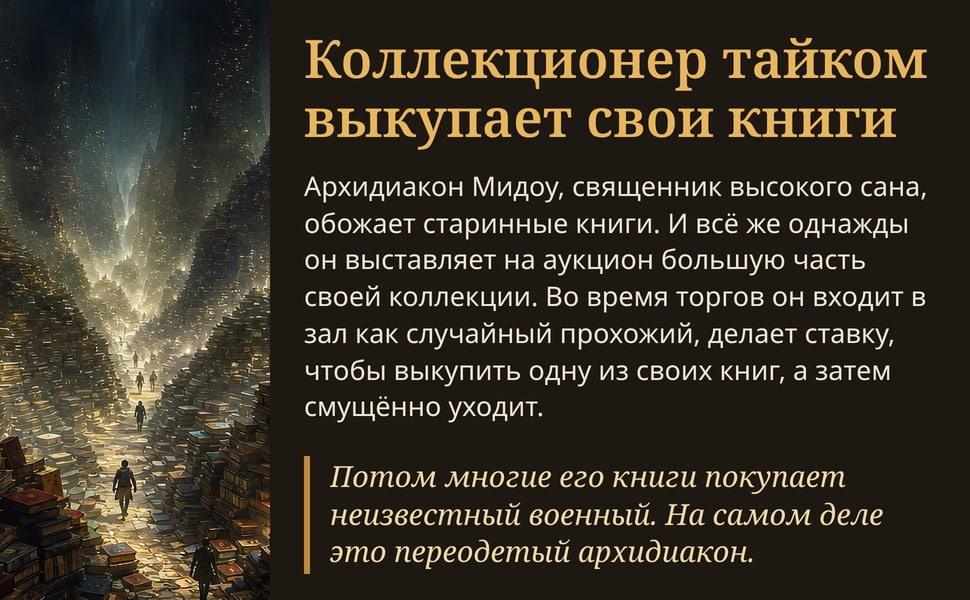 Коллекционер тайком выкупает свои книги. Архидиакон Мидоу, священник высокого сана, обожает старинные книги. И всё же однажды он выставляет на аукцион большую часть своей коллекции. Во время торгов он входит в зал как…