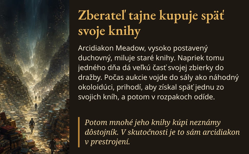 Zberateľ tajne kupuje späť svoje knihy. Arcidiakon Meadow, vysoko postavený duchovný, miluje staré knihy. Napriek tomu jedného dňa dá veľkú časť svojej zbierky do dražby. Počas aukcie vojde do sály ako náhodný…