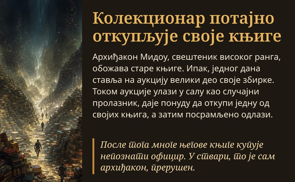 Колекционар потајно откупљује своје књиге. Архиђакон Мидоу, свештеник високог ранга, обожава старе књиге. Ипак, једног дана ставља на аукцију велики део своје збирке. Током аукције улази у салу као случајни пролазник…