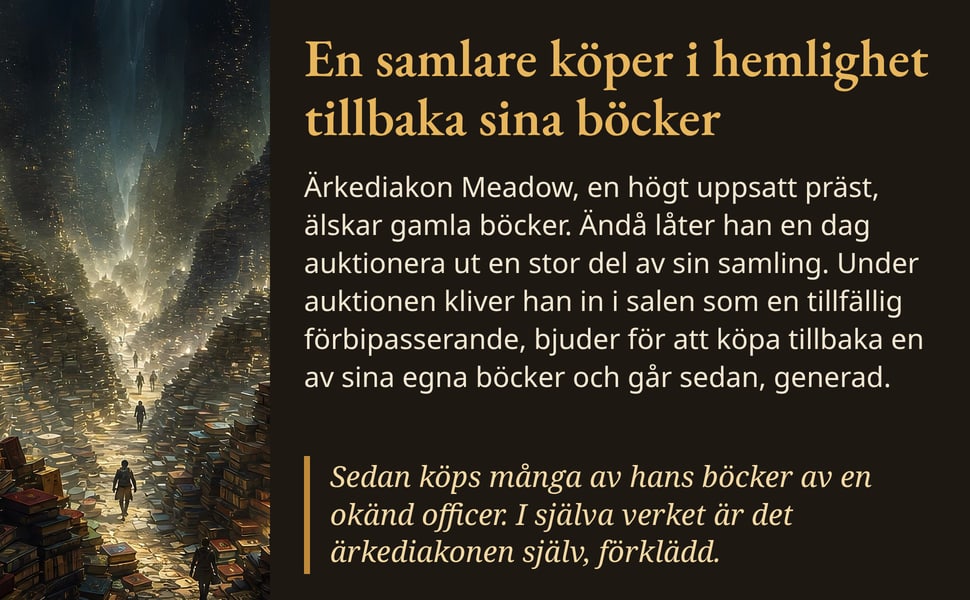 En samlare köper i hemlighet tillbaka sina böcker. Ärkediakon Meadow, en högt uppsatt präst, älskar gamla böcker. Ändå låter han en dag auktionera ut en stor del av sin samling. Under auktionen kliver han in i salen…