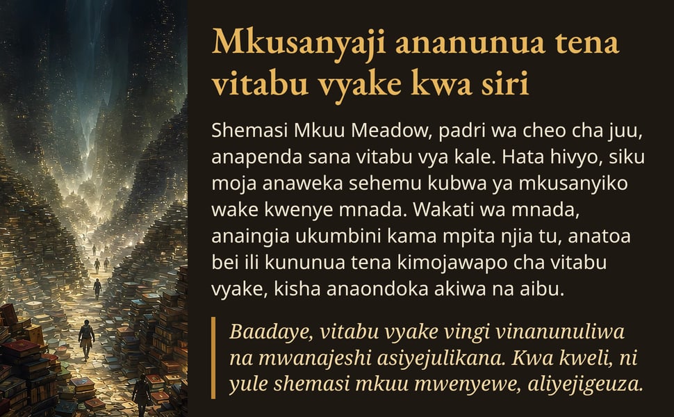 Mkusanyaji ananunua tena vitabu vyake kwa siri. Shemasi Mkuu Meadow, padri wa cheo cha juu, anapenda sana vitabu vya kale. Hata hivyo, siku moja anaweka sehemu kubwa ya mkusanyiko wake kwenye mnada. Wakati wa mnada…