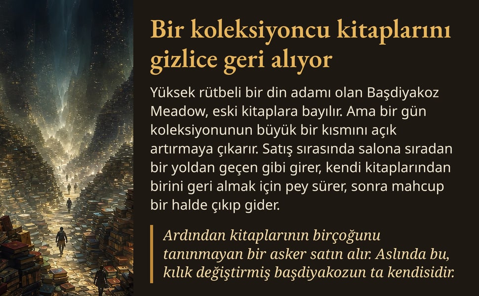Bir koleksiyoncu kitaplarını gizlice geri alıyor. Yüksek rütbeli bir din adamı olan Başdiyakoz Meadow, eski kitaplara bayılır. Ama bir gün koleksiyonunun büyük bir kısmını açık artırmaya çıkarır. Satış sırasında salona…