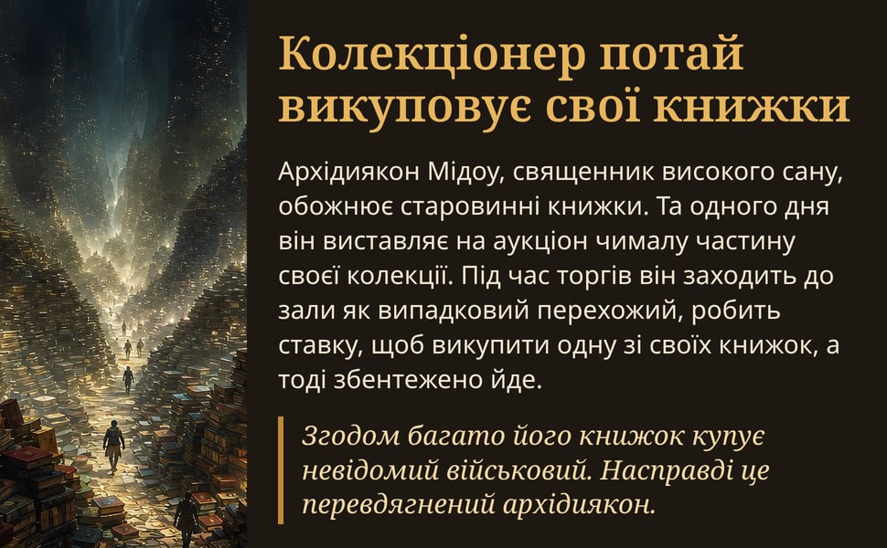 Колекціонер потай викуповує свої книжки. Архідиякон Мідоу, священник високого сану, обожнює старовинні книжки. Та одного дня він виставляє на аукціон чималу частину своєї колекції. Під час торгів він заходить до зали…