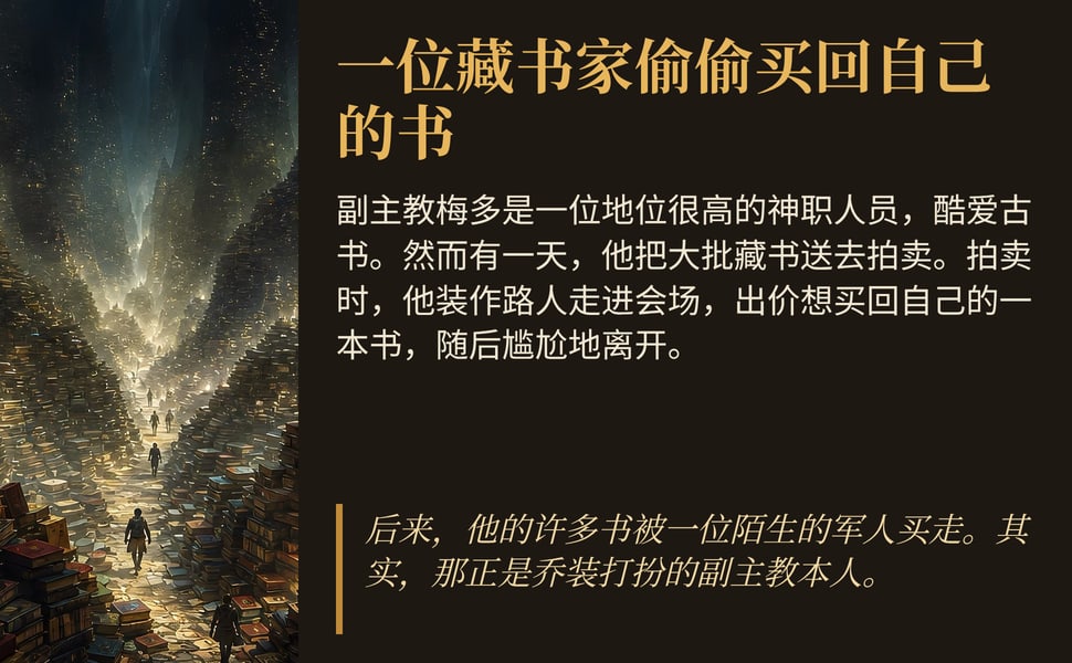 一位藏书家偷偷买回自己的书。副主教梅多是一位地位很高的神职人员,酷爱古书。然而有一天,他把大批藏书送去拍卖。拍卖时,他装作路人走进会场,出价想买回自己的一本书,随后尴尬地离开。