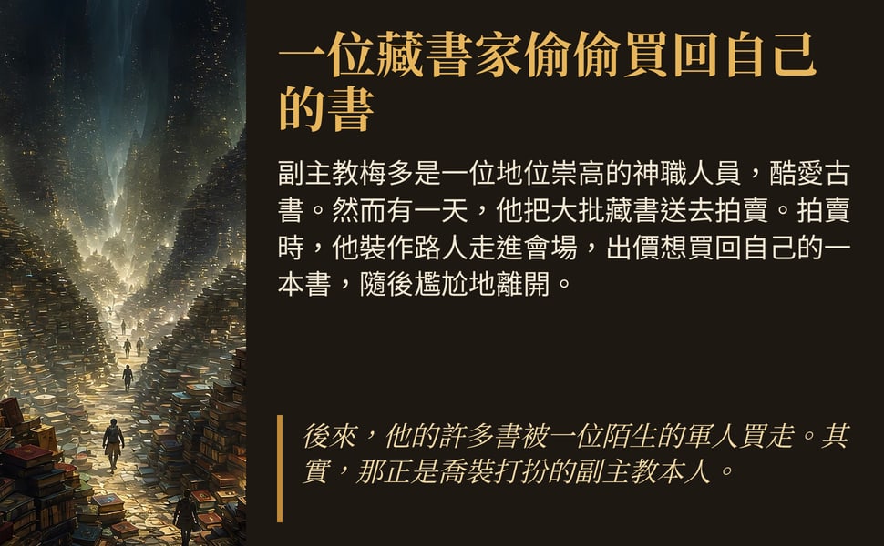 一位藏書家偷偷買回自己的書。副主教梅多是一位地位崇高的神職人員,酷愛古書。然而有一天,他把大批藏書送去拍賣。拍賣時,他裝作路人走進會場,出價想買回自己的一本書,隨後尷尬地離開。