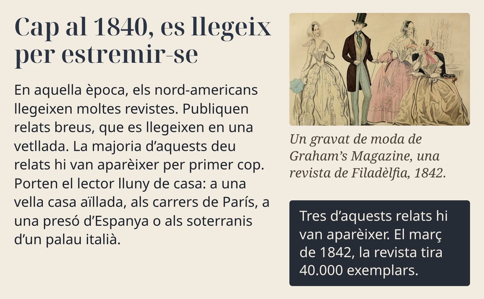 Cap al 1840, es llegeix per estremir-se. En aquella època, els nord-americans llegeixen moltes revistes. Publiquen relats breus, que es llegeixen en una vetllada. La majoria d’aquests deu relats hi van aparèixer per…