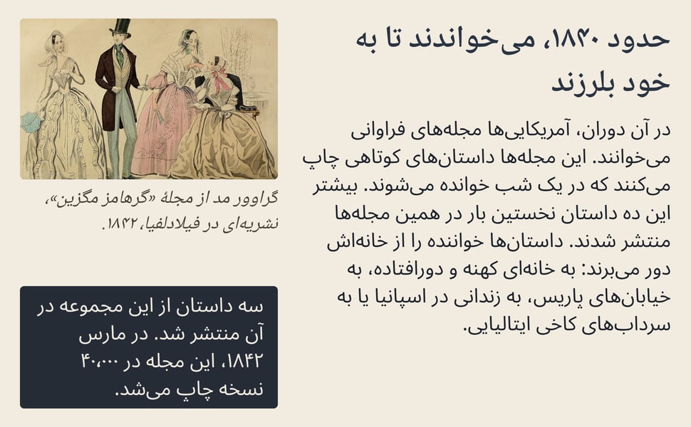 حدود ۱۸۴۰، می‌خواندند تا به خود بلرزند. در آن دوران، آمریکایی‌ها مجله‌های فراوانی می‌خوانند. این مجله‌ها داستان‌های کوتاهی چاپ می‌کنند که در یک شب خوانده می‌شوند. بیشتر این ده داستان نخستین بار در همین مجله‌ها منتشر…