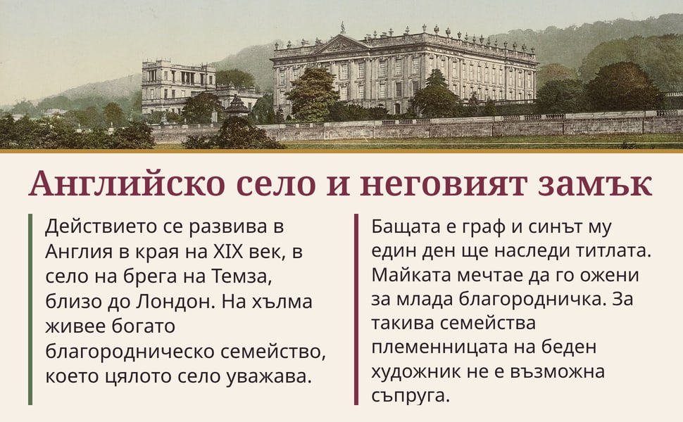 Английско село и неговият замък. Действието се развива в Англия в края на XIX век, в село на брега на Темза, близо до Лондон. На хълма живее богато благородническо семейство, което цялото село уважава.
