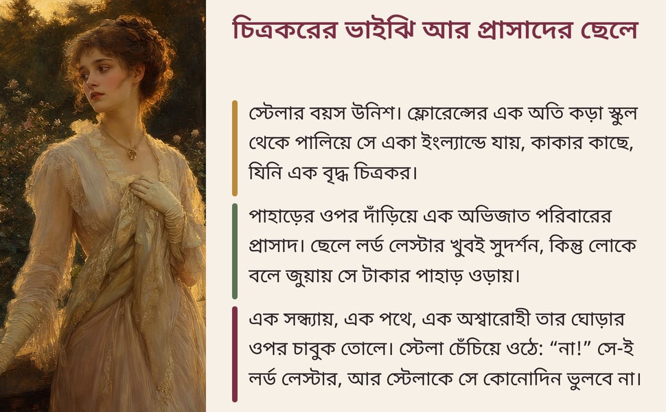চিত্রকরের ভাইঝি আর প্রাসাদের ছেলে. স্টেলার বয়স উনিশ। ফ্লোরেন্সের এক অতি কড়া স্কুল থেকে পালিয়ে সে একা ইংল্যান্ডে যায়, কাকার কাছে, যিনি এক বৃদ্ধ চিত্রকর।.