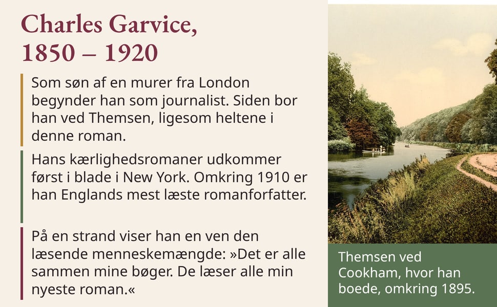 Charles Garvice, 1850 – 1920. Som søn af en murer fra London begynder han som journalist. Siden bor han ved Themsen, ligesom heltene i denne roman.