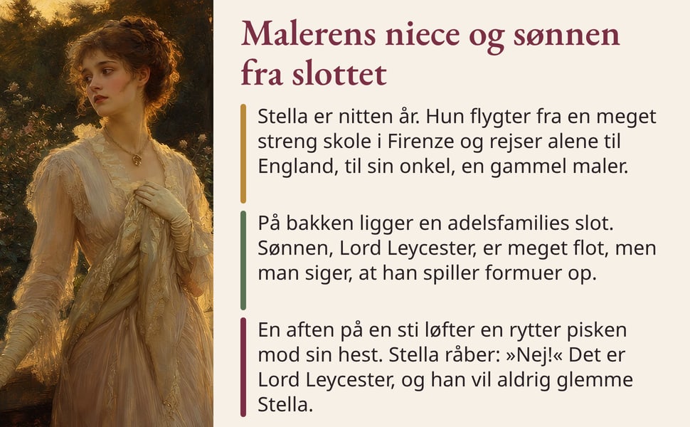 Malerens niece og sønnen fra slottet. Stella er nitten år. Hun flygter fra en meget streng skole i Firenze og rejser alene til England, til sin onkel, en gammel maler.
