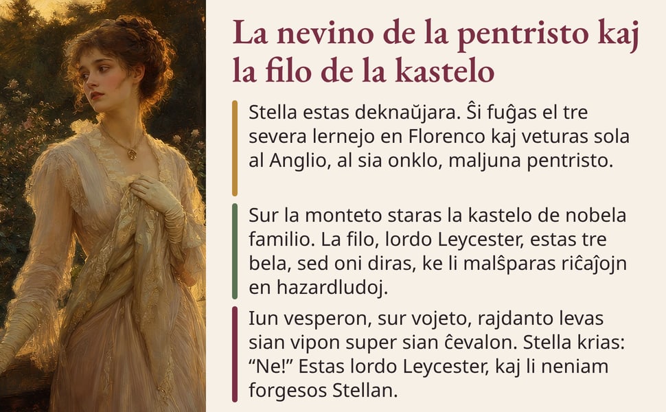 La nevino de la pentristo kaj la filo de la kastelo. Stella estas deknaŭjara. Ŝi fuĝas el tre severa lernejo en Florenco kaj veturas sola al Anglio, al sia onklo, maljuna pentristo.
