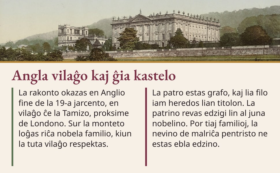 Angla vilaĝo kaj ĝia kastelo. La rakonto okazas en Anglio fine de la 19-a jarcento, en vilaĝo ĉe la Tamizo, proksime de Londono. Sur la monteto loĝas riĉa nobela familio, kiun la tuta vilaĝo respektas.