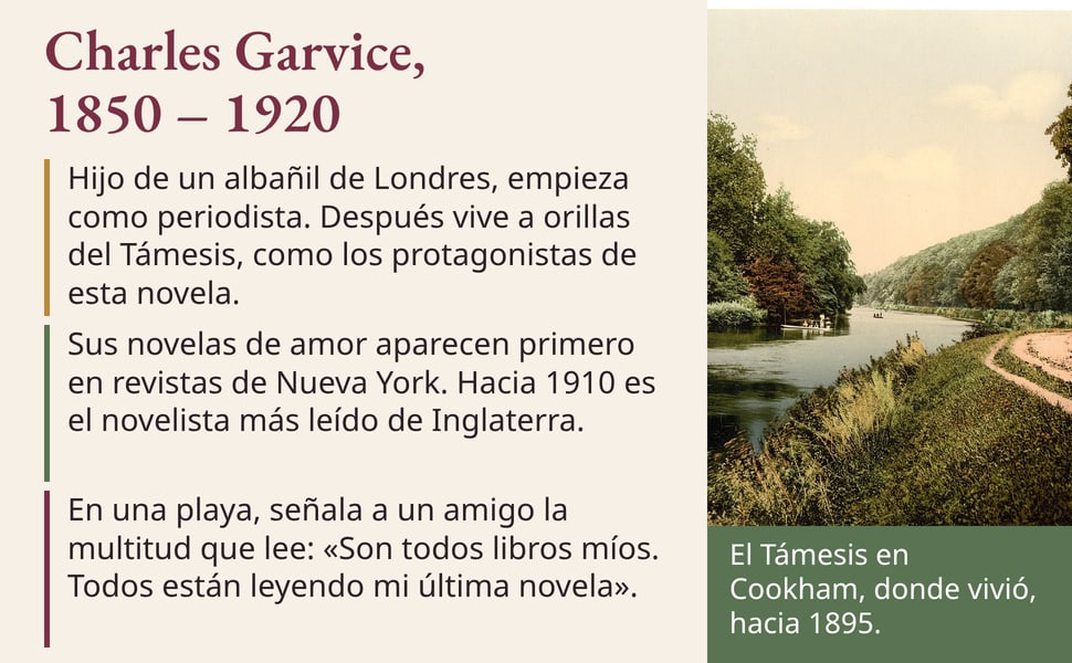 Charles Garvice, 1850 – 1920. Hijo de un albañil de Londres, empieza como periodista. Después vive a orillas del Támesis, como los protagonistas de esta novela.