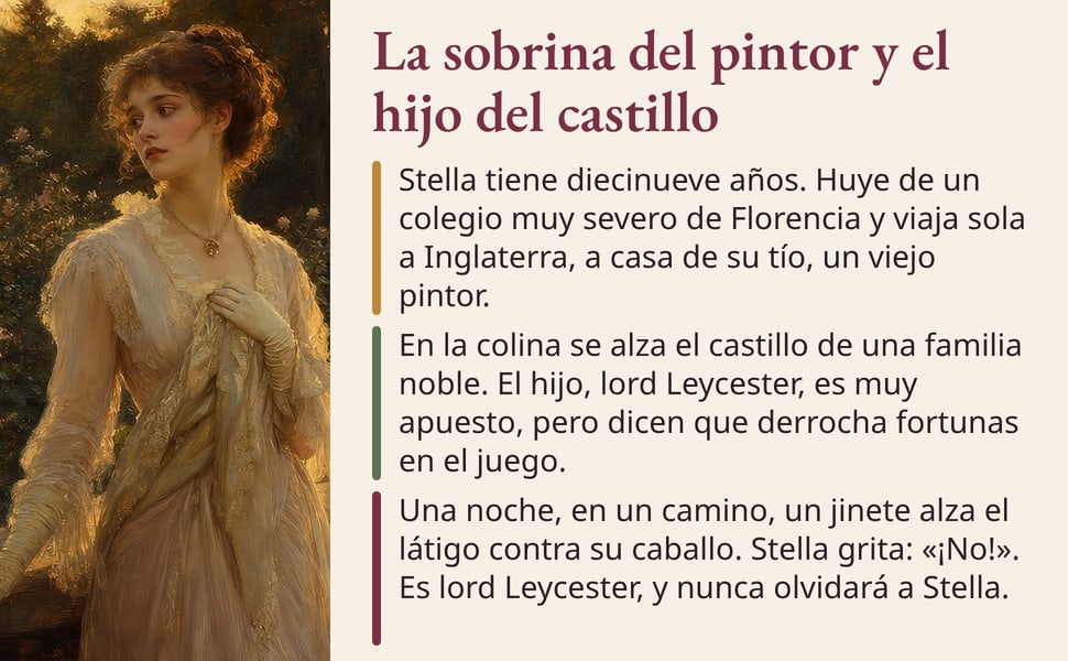 La sobrina del pintor y el hijo del castillo. Stella tiene diecinueve años. Huye de un colegio muy severo de Florencia y viaja sola a Inglaterra, a casa de su tío, un viejo pintor.