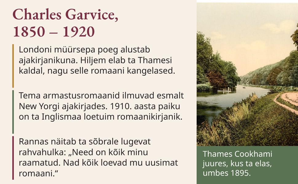 Charles Garvice, 1850 – 1920. Londoni müürsepa poeg alustab ajakirjanikuna. Hiljem elab ta Thamesi kaldal, nagu selle romaani kangelased.