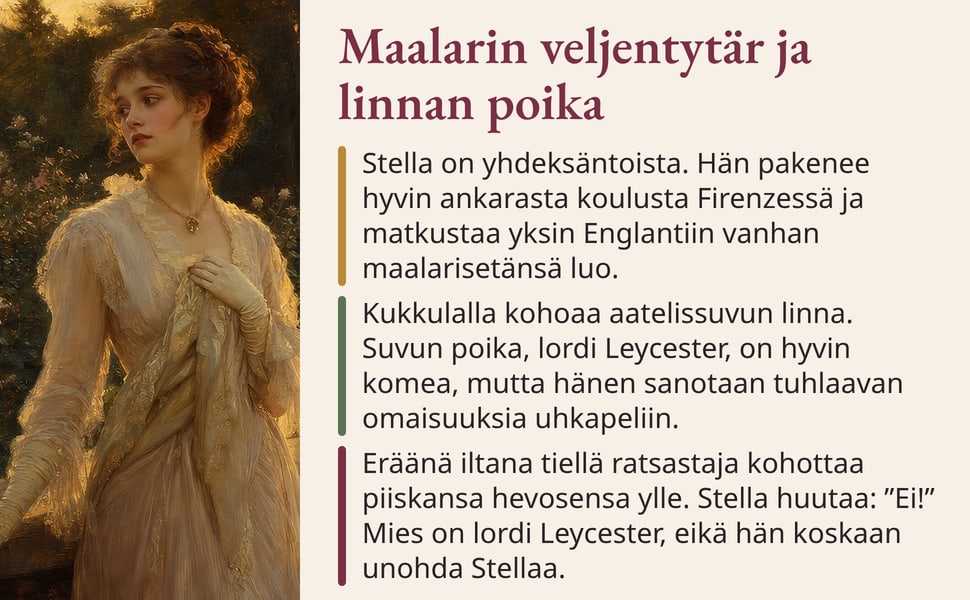 Maalarin veljentytär ja linnan poika. Stella on yhdeksäntoista. Hän pakenee hyvin ankarasta koulusta Firenzessä ja matkustaa yksin Englantiin vanhan maalarisetänsä luo.