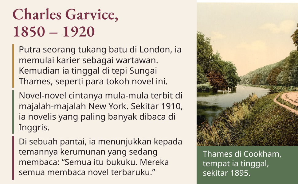 Charles Garvice, 1850 – 1920. Putra seorang tukang batu di London, ia memulai karier sebagai wartawan. Kemudian ia tinggal di tepi Sungai Thames, seperti para tokoh novel ini.