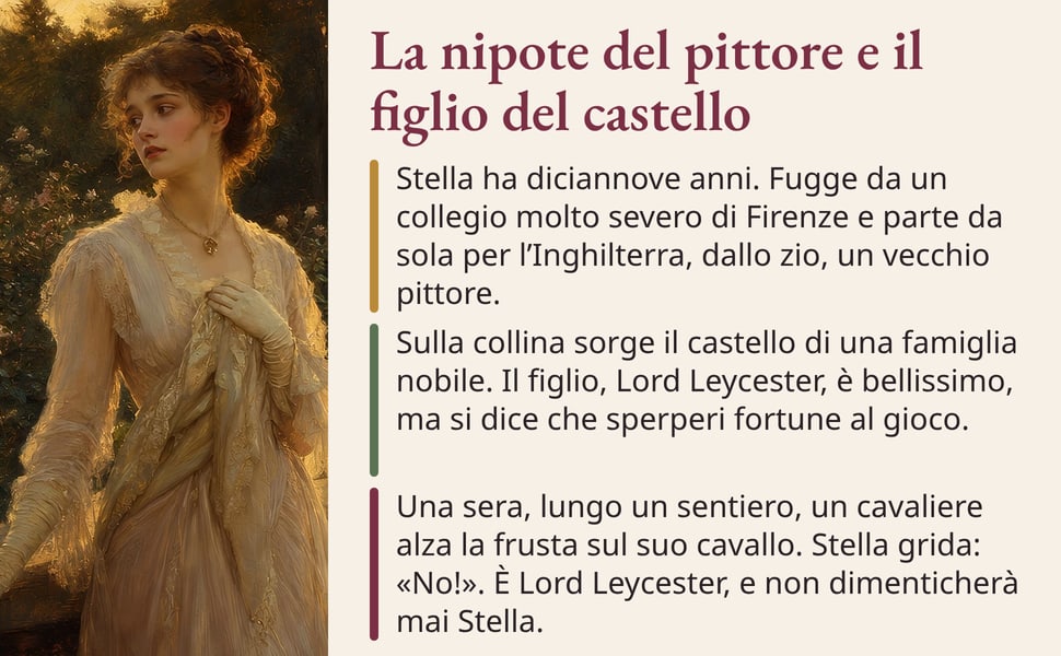 La nipote del pittore e il figlio del castello. Stella ha diciannove anni. Fugge da un collegio molto severo di Firenze e parte da sola per l’Inghilterra, dallo zio, un vecchio pittore.