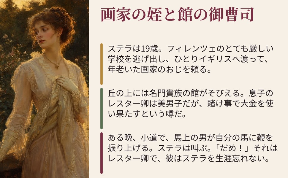 画家の姪と館の御曹司。ステラは19歳。フィレンツェのとても厳しい学校を逃げ出し、ひとりイギリスへ渡って、年老いた画家のおじを頼る。