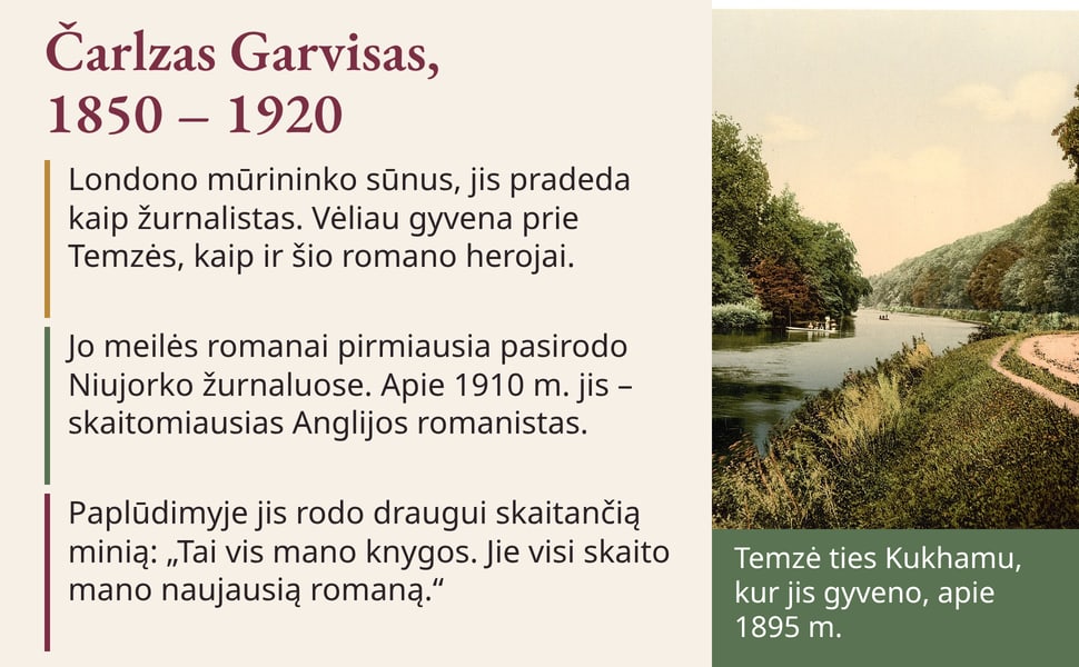 Čarlzas Garvisas, 1850⁠ –⁠ 1920. Londono mūrininko sūnus, jis pradeda kaip žurnalistas. Vėliau gyvena prie Temzės, kaip ir šio romano herojai.