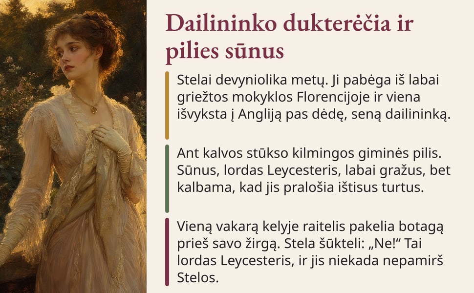 Dailininko dukterėčia ir pilies sūnus. Stelai devyniolika metų. Ji pabėga iš labai griežtos mokyklos Florencijoje ir viena išvyksta į Angliją pas dėdę, seną dailininką.