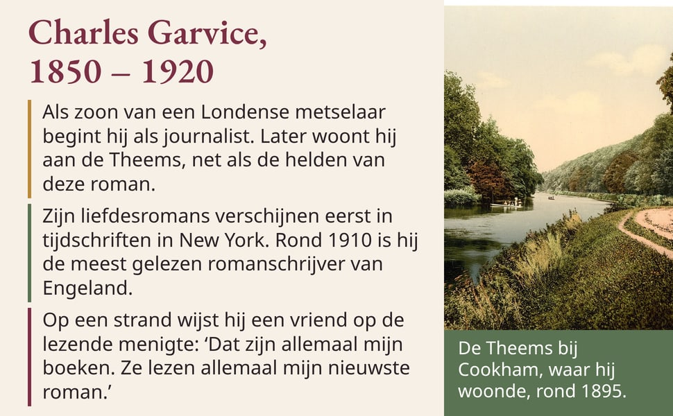 Charles Garvice, 1850 – 1920. Als zoon van een Londense metselaar begint hij als journalist. Later woont hij aan de Theems, net als de helden van deze roman.