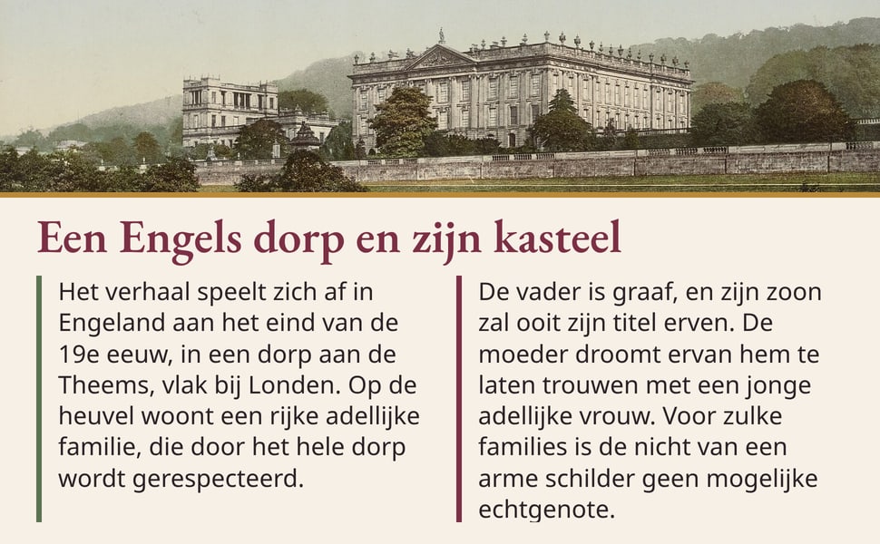 Een Engels dorp en zijn kasteel. Het verhaal speelt zich af in Engeland aan het eind van de 19e eeuw, in een dorp aan de Theems, vlak bij Londen. Op de heuvel woont een rijke adellijke familie, die door het hele dorp…